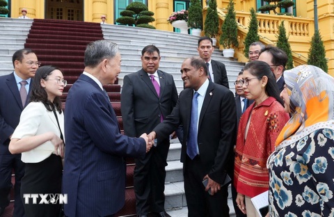Đại diện các nước Đông Nam Á đến chúc mừng Chủ tịch nước Tô Lâm- Ảnh 2. Chủ tịch nước Tô Lâm bắt tay đại sứ, đại biện các nước Đông Nam Á tại Phủ Chủ tịch chiều 30-5 - Ảnh: TTXVN