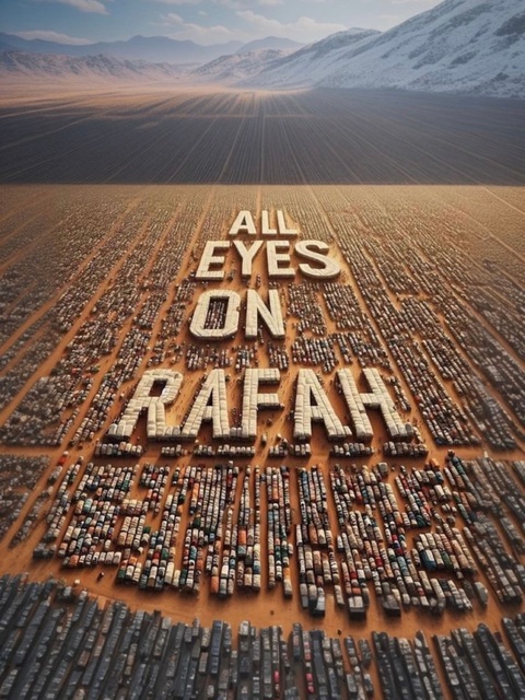 Ảnh 'Mọi ánh mắt hướng về Rafah' của AI gây sốt mạng xã hội- Ảnh 2. Bức ảnh gốc do AI tạo ra cho thấy những dãy lều dày đặc trải dài trên sa mạc - Ảnh: X/ @insiderWorld_1/AI