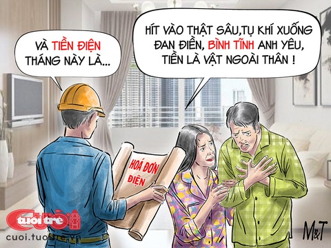 Vận khí công đối mặt hóa đơn điện tháng 5- Ảnh 1. Vận khí công đối mặt hóa đơn tiền điện - Tranh: Đỗ Minh Tuấn