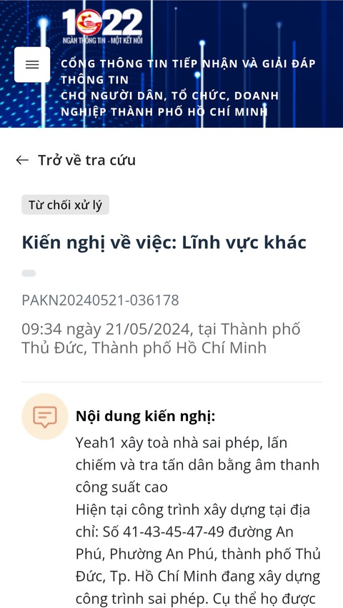 Tòa nhà sai phép ở phường An Phú: YEAH1 ký hợp đồng xây lắp 142 tỉ đồng- Ảnh 3. Phản ánh của cư dân trên cổng thông tin 1022 - Ảnh: ÁI NHÂN