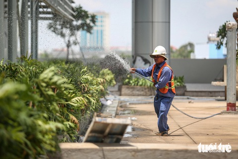 Cận cảnh 3 bệnh viện cửa ngõ TP.HCM sắp hoàn thành- Ảnh 13. Sáng 31-5, anh Minh Tuấn chăm sóc mảng xanh ở lầu 3 của bệnh viện chia sẻ: