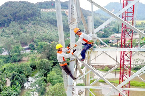 Huy động tổng lực để đưa điện ra miền Bắc- Ảnh 1. Ngành điện đang tốc lực huy động thêm 1.500 công nhân tham gia dựng cột, kéo dây để hoàn thành đúng tiến độ đường dây 500 kV mạch 3 Quảng Trạch - Phố Nối vào tháng 6-2024 - Ảnh: THÀNH VINH