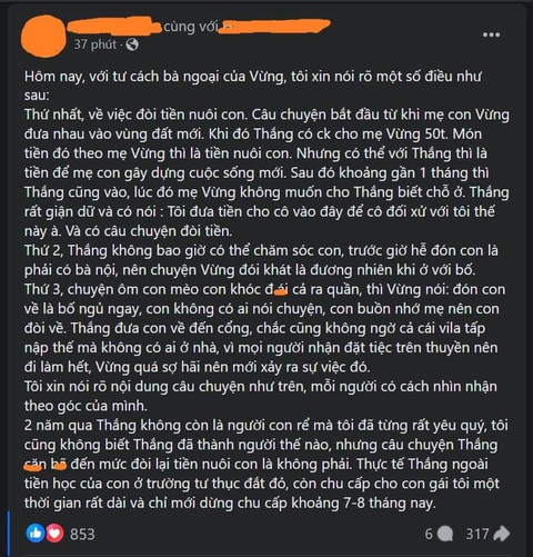 Thắng Ngọt bị tố đòi tiền vợ và bỏ đói con, mẹ vợ cũ lên tiếng, dư luận vẫn không thông- Ảnh 1. Bài đăng của bà ngoại Vừng (mẹ vợ cũ của Thắng) - Ảnh chụp màn hình