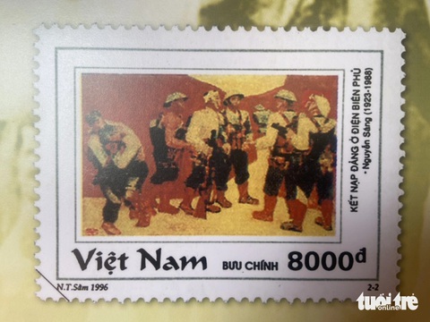Tem in tranh Kết nạp Đảng ở Điện Biên Phủ của danh họa Nguyễn Sáng Tem in tranh Kết nạp Đảng ở Điện Biên Phủ của danh họa Nguyễn Sáng