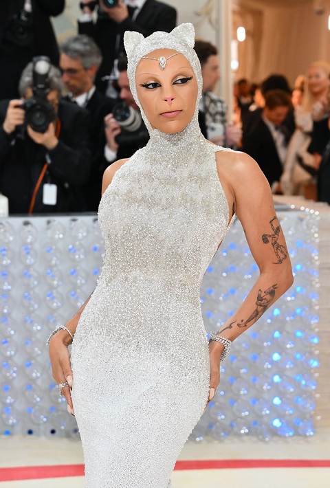 Quá mệt với việc chọn quần áo, Doja Cat quấn luôn ga trải giường ra đường- Ảnh 10. Tại sự kiện MET Gala 2023, Doja Cat hóa trang thành cô mèo và chỉ nói duy nhất từ