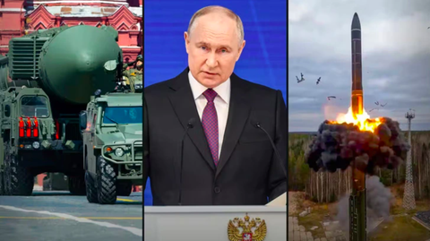 Ông Putin ra lệnh tập trận dùng vũ khí hạt nhân chiến thuật- Ảnh 1. Tên lửa đạn đạo Yars có khả năng mang đầu đạn hạt nhân trong cuộc duyệt binh của Nga năm 2020 (bìa trái), Tổng thống Nga Vladimir Putin (giữa) và tên lửa Yars trong cuộc thử nghiệm ở Nga vào năm 2022 (bìa phải) - Ảnh: SBS News/AAP