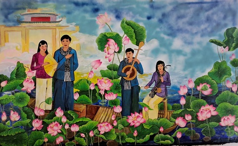 Hàng trăm tranh bích họa sen hưởng ứng Lễ hội sen Đồng Tháp- Ảnh 4. Hò Đồng Tháp trên cánh đồng sen - Trường trung học cơ sở Tân Mỹ