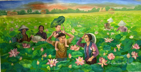 Hàng trăm tranh bích họa sen hưởng ứng Lễ hội sen Đồng Tháp- Ảnh 3. Tác phẩm Hạnh phúc vào mùa - Trường tiểu học Tân Long