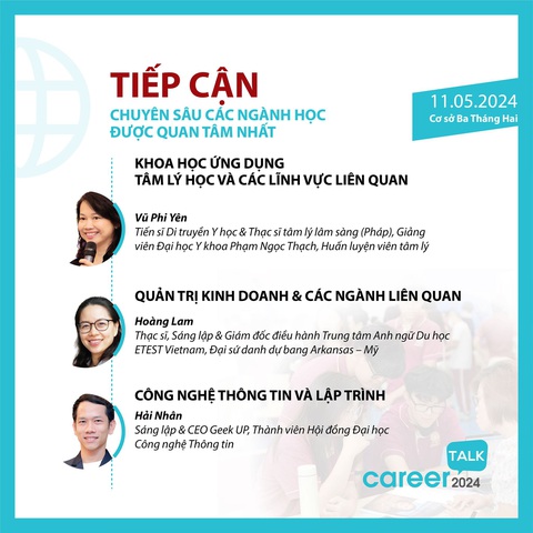 VAS tổ chức hội thảo hướng nghiệp cho phụ huynh và học sinh lớp 9 - 12- Ảnh 2. Các chủ đề được chia sẻ bởi chuyên gia tại hội thảo ‘Career Talk’ ngày 11-5 tại Trường Quốc tế Việt Úc (VAS)