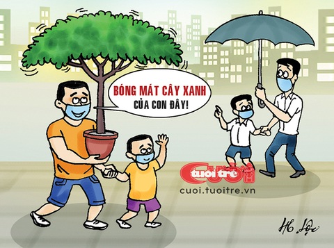Khi bê tông bức tử cây xanh đô thị- Ảnh 1. Bóng mát cây xanh di động trong thành phố bê tông - Tranh biếm họa của Hữu Lộc