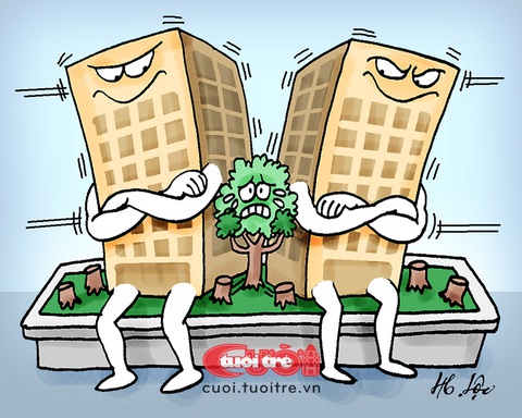 Khi bê tông bức tử cây xanh đô thị- Ảnh 2. Bê tông bức tử cây xanh - Tranh: Hữu Lộc