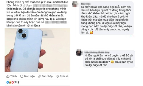 Sinh viên trả góp mua iPhone 15 bị chê chơi sang, làm màu- Ảnh 1. Đăng bài tìm điện thoại bị mất, một sinh viên phải giải thích khi có bạn thắc mắc khó khăn còn mua trả góp điện thoại xịn - Ảnh: MÂY TRẮNG