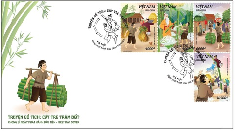 Phát hành bộ tem Truyện cổ tích Việt Nam: Cây tre trăm đốt- Ảnh 1. Phong bì có bộ tem Cây tre trăm đốt