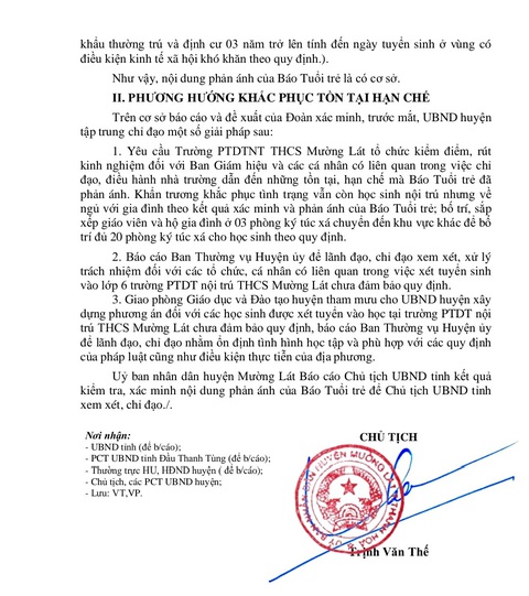 Vụ tuyển sinh sai tại trường nội trú Mường Lát: Sẽ xử lý nghiêm tập thể, cá nhân- Ảnh 5. Báo cáo của UBND huyện Mường Lát - Ảnh: HÀ ĐỒNG