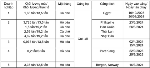 Bảng tổng hợp cho thấy khối lượng hàng hóa bị mất chiếm từ 7-28%, đều cùng một cảng hạ tại Cát Lái và đều nằm tại cảng trong một thời gian do tàu bị hoãn - Nguồn: VPSA