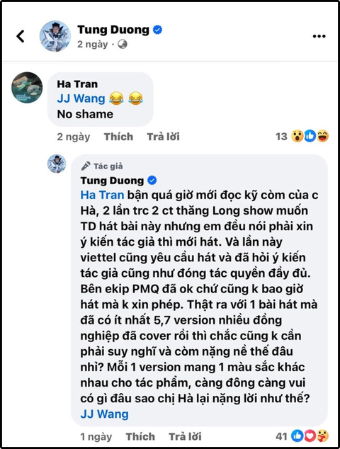 Hà Trần lên tiếng về lùm xùm chê bai đồng nghiệp- Ảnh 1. Bình luận của Hà Trần dưới bài viết của Tùng Dương gây tranh cãi những ngày qua.