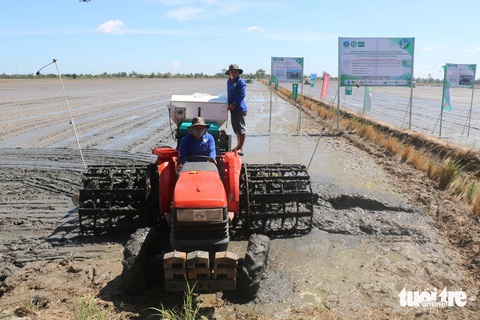 Đồng Tháp khởi động đề án 1 triệu ha lúa chất lượng cao giảm phát thải- Ảnh 1. Nghi thức làm đất, xuống giống bằng cơ giới hóa được thực hiện tại lễ khởi động - Ảnh: ĐẶNG TUYẾT