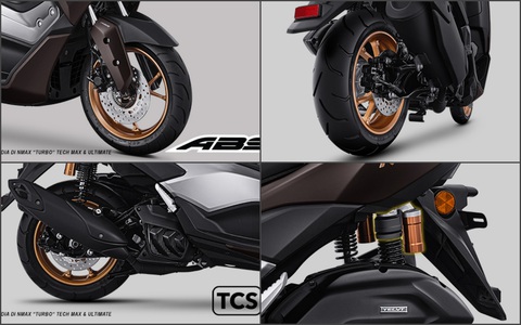Yamaha Nmax Turbo ra mắt: 'Đàn anh' của LEXi 155, công suất cũ nhưng bứt tốc như xe điện- Ảnh 7. Yamaha Nmax Turbo sử dụng lốp không săm bản rộng, kích thước lốp trước 110/70 - 13 M/C 48P, lốp sau 130/70 - 13 M/C 63P. Phanh ABS được trang bị trước sau gia tăng độ an toàn cho xe. Hệ thống kiểm soát lực kéo giúp giảm tình trạng trượt bánh, tăng cường tính ổn định. Giảm xóc sau dạng lò xo đôi có bình dầu phụ tăng khả năng giảm xóc trên mọi địa hình. Hệ thống giảm chấn Yamaha Performance Damper cải thiện hiệu suất giảm chấn lên bộ khung, ổn định khi lái và vào cua - Ảnh:Yamaha