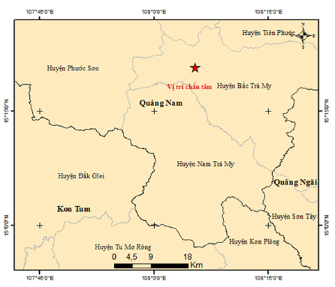 Một ngày xảy ra 3 trận động đất ở Quảng Nam, Kon Tum- Ảnh 2. Bản đồ tâm chấn trận động đất thứ ba ở huyện Bắc Trà My có độ lớn 3,4 độ - Ảnh: Viện Vật lý địa cầu