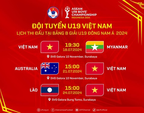 Lịch thi đấu của U19 Việt Nam tại Giải U19 Đông Nam Á 2024 - Ảnh: VFF Lịch thi đấu của U19 Việt Nam tại Giải U19 Đông Nam Á 2024 - Ảnh: VFF