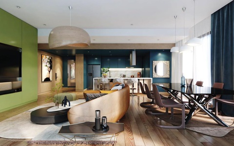 Sắc thái không gian căn hộ diện tích lớn tại Urban Green- Ảnh 2. Thiết kế sử dụng hai gam màu xanh dương và xanh lá, kết hợp với chất liệu gỗ như những cánh rừng ôn đới