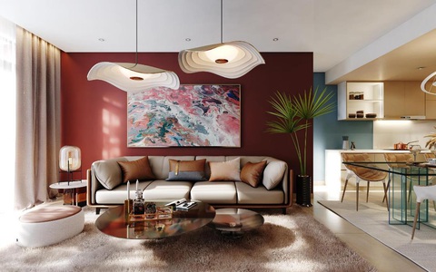 Sắc thái không gian căn hộ diện tích lớn tại Urban Green- Ảnh 6. Nếu thiết kế căn hộ 4 phòng ngủ cho cảm giác thư thái thì căn hộ 3 phòng ngủ theo phong cách Pink Lake với những gam màu vang đỏ và hồng pastel mang lại sự hiện đại, lãng mạn và quyến rũ