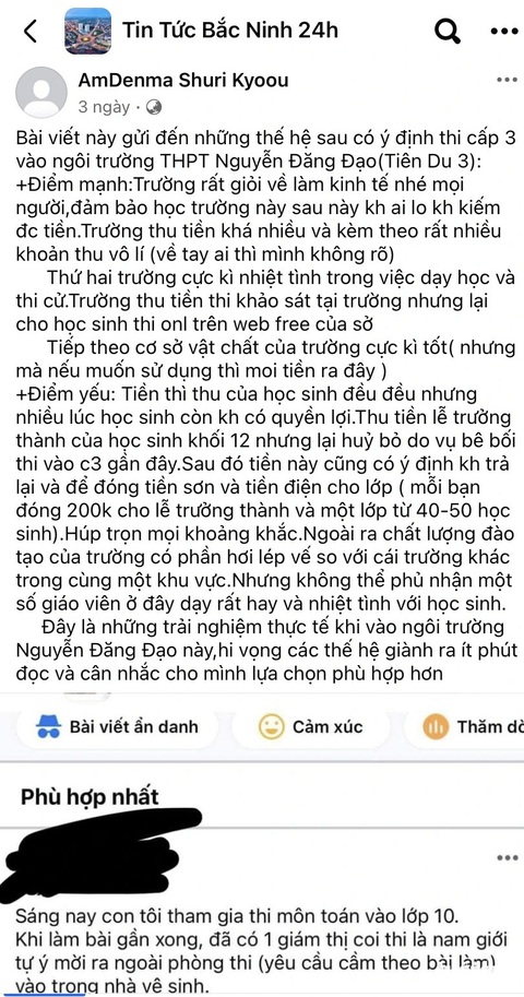Sau giám thị bị tố chụp bài thi ở nhà vệ sinh, học sinh tố trường thu ‘tiền chống trượt’- Ảnh 2. Bên dưới bài viết đăng kèm ảnh chụp lại bài viết tố giám thị ép thí sinh mang bài thi làm sớm ra nhà vệ sinh để chụp ảnh - Ảnh: chụp màn hình