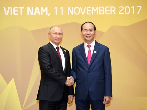 Lần thứ 5 đến Việt Nam, Tổng thống Putin thăm cấp nhà nước theo lời mời Tổng bí thư- Ảnh 6. Tổng thống Putin gặp Chủ tịch nước Trần Đại Quang tại APEC 2017 ở Đà Nẵng - Ảnh: TTXVN