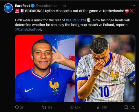 Mbappe nghỉ trận gặp Hà Lan, tuyển Pháp gặp khó- Ảnh 2. Eurofoot xác nhận Mbappe không thể góp mặt trận đấu gặp Hà Lan - Ảnh chụp màn hình