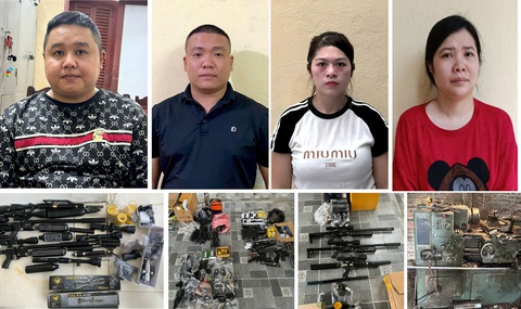 Bắt nhóm tàng trữ, mua bán súng săn số lượng lớn- Ảnh 1. Các nghi phạm và tang vật vụ án - Ảnh: Công an tỉnh Thanh Hóa cung cấp