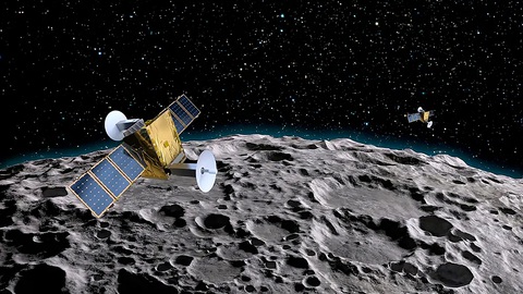 Lockheed Martin subsidiary Crescent Space plans to develop a network of communications and navigation satellites around the moon dubbed Parsec, shown here in an illustration. Plans call for launching the first satellite in 2025. Credit: Crescent Space Trước KDDI, Công ty Crescent Space thuộc Lockheed Martin (Mỹ) cũng có kế hoạch phát triển một mạng lưới các vệ tinh liên lạc và dẫn đường quanh Mặt trăng có tên là Parsec (ảnh minh họa) - Ảnh: Crescent Space