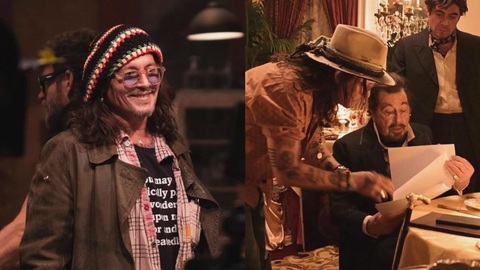 Johnny Depp (trái) trên phim trường Modi đang trao đổi công tác diễn xuất với Al Pacino - Ảnh: The Hollywood Reporter Johnny Depp (trái) trên phim trường Modi đang trao đổi công tác diễn xuất với Al Pacino - Ảnh: The Hollywood Reporter