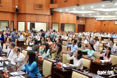 TP.HCM lập tổ bảo vệ an ninh, trật tự tại mỗi khu phố- Ảnh 1. Các đại biểu biểu quyết thông qua nghị quyết - Ảnh: HỮU HẠNH