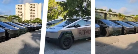 Hàng loạt xe Tesla Cybertruck bị phun sơn- Ảnh 1. Dàn xe Tesla Cybertruck bị xịt sơn tại bãi đỗ hàng loạt thương hiệu Mỹ sử dụng để tạm trữ xe vừa sản xuất chờ bàn giao - Ảnh cắt từ video, nguồn: Carscoops