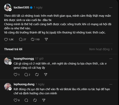Bài viết của nghệ sĩ Tóc Tiên trên mạng xã hội Threads - Ảnh: Threads Bài viết của nghệ sĩ Tóc Tiên trên mạng xã hội Threads - Ảnh: Threads