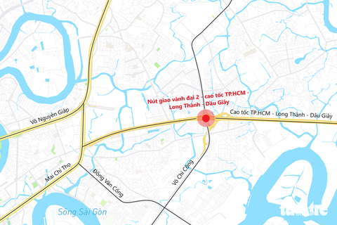 Nghiên cứu làm điểm đón trả khách cố định ở tiểu đảo nút giao vành đai 2 TP.HCM- Ảnh 2. Vị trí khu vực các tiểu đảo nút giao vành đai 2 - cao tốc TP.HCM - Long Thành - Dầu Giây (TP Thủ Đức) - Đồ họa: PHƯƠNG NHI