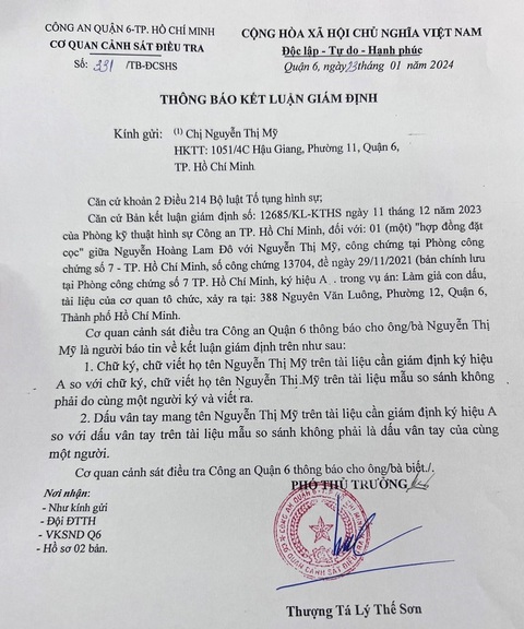 Nhà đang thế chấp tại ngân hàng bỗng bị đặt cọc mua bán: Công an vào cuộc điều tra- Ảnh 1. Cuối tháng 1-2024, bà Mỹ nhận được thông báo kết luận giám định về việc giả mạo chữ ký, dấu vân tay của bà trên hợp đồng đặt cọc bán nhà - Ảnh: A.M.C.