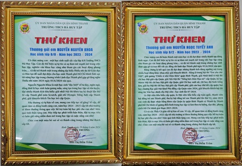 Cô hiệu trưởng viết thư khen, lấy tiền túi làm học bổng tặng cho học trò- Ảnh 1. Hai lá thư khen cô Diễm Trâm viết tặng học trò - Ảnh: NVCC