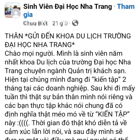 Sinh viên than kiến tập mà làm việc không kịp ăn- Ảnh 2. Một phần nội dung bài viết bày tỏ sự bức xúc trong kỳ kiến tập của sinh viên khoa du lịch - Đại học Nha Trang - Ảnh chụp màn hình
