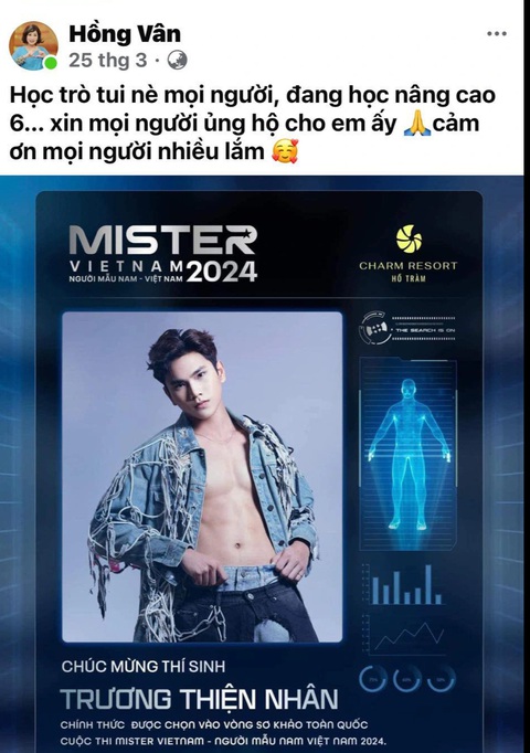 NSND Hồng Vân ủng hộ học trò Thiện Nhân tại Mister Vietnam 2024- Ảnh 1. NSND Hồng Vân từng đăng bài chúc mừng Thiện Nhân được chọn tham gia Mister Vietnam 2024 trên trang cá nhân