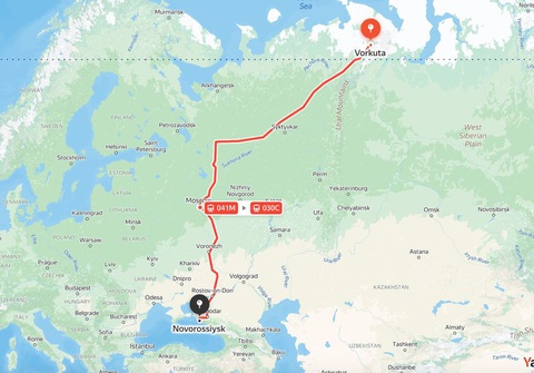 Bản đồ cho thấy tuyến đường sắt Vorkuta - Novorossiysk - Ảnh: RT/Yandex Maps