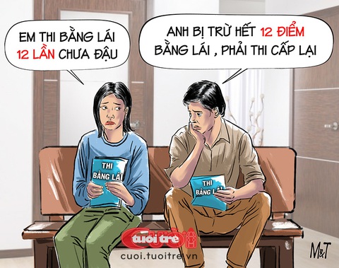 Bằng lái xe có 12 điểm/năm, hết điểm thì sao?- Ảnh 1. Anh bị trừ hết 12 điểm bằng lái... - Tranh: Đỗ Minh Tuấn