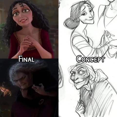 Các nhân vật phản diện Disney từ phác thảo cho đến hoàn thành- Ảnh 10. Gothel là nhân vật phản diện chính trong bộ phim hoạt hình Tangled năm 2010 của Disney.