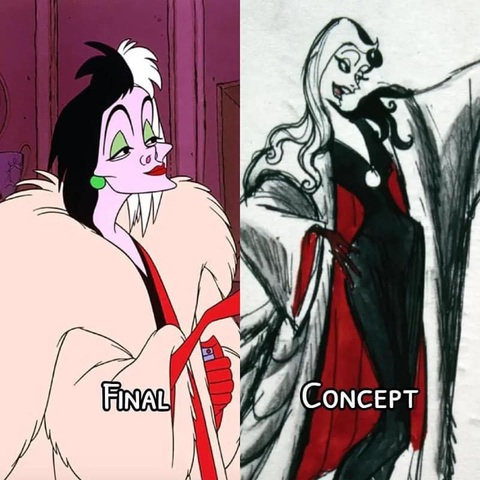 Các nhân vật phản diện Disney từ phác thảo cho đến hoàn thành- Ảnh 11. Cruella De Vil là nhân vật phản diện chính trong bộ phim hoạt hình 101 chú chó đốm của Disney năm 1961.
