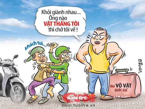 Cuộc chiến xe ôm bất phân thắng bại- Ảnh 1. Cuộc chiến xe ôm bất phân thắng bại - Tranh: Đức Thuận