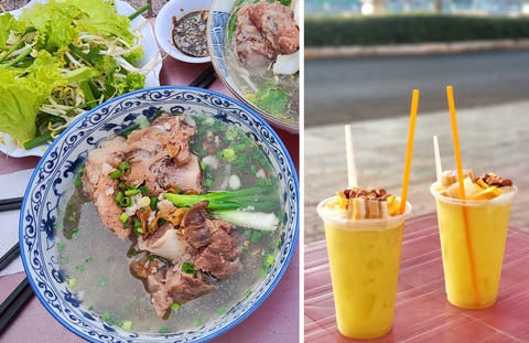 Tết Đoan ngọ, vòng quanh miền Tây thưởng thức mùa trái cây chín mọng- Ảnh 4. Ăn xong một tô hủ tiếu xương, rồi uống thêm một ly nước mía Mỹ Tho - Ảnh: QUÂN NAM