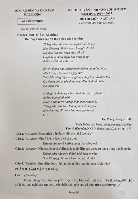 Đề văn thi vào lớp 10 Hải Phòng: Thí sinh khen hay, tình cảm- Ảnh 2. Đề thi văn vào lớp 10 ở Hải Phòng