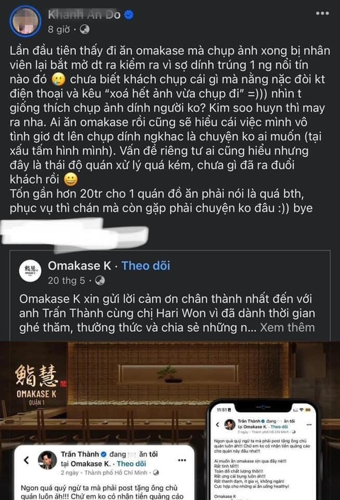 Trấn Thành lần nữa vướng ồn ào 'thích riêng tư'- Ảnh 1. Tài khoản Đ.K.A đăng bài viết tố nhà hàng có thái độ thiếu tôn trọng khách vì ưu ái người nổi tiếng