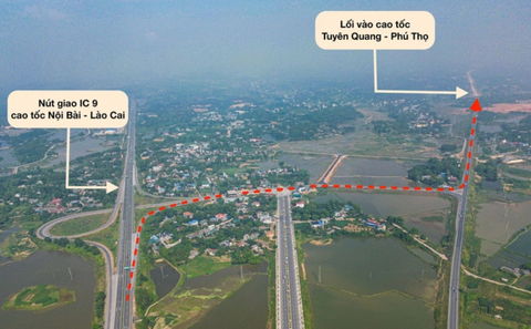 Mở rộng đường nối cao tốc Nội Bài - Lào Cai với cao tốc Tuyên Quang - Phú Thọ- Ảnh 1. Đoạn đường Hồ Chí Minh (đường ngang có nét đứt màu đỏ) từ nút giao IC9 cao tốc Nội Bài - Lào Cai tới cao tốc Tuyên Quang - Phú Thọ sẽ được mở rộng thành cao tốc 4 làn xe đầy đủ - Ảnh: HỒNG QUANG