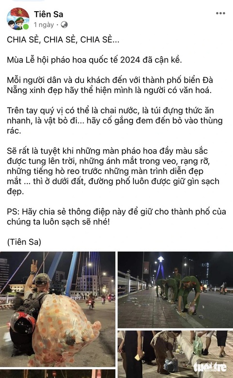 Người Đà Nẵng nhắc nhau không xả rác, giúp công nhân môi trường được về nhà sớm sau lễ hội pháo hoa- Ảnh 2. Thông điệp được chia sẻ mạnh mẽ trên các trang mạng tại Đà Nẵng - Ảnh: ĐOÀN NHẠN